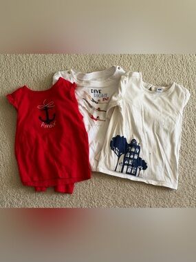 Janie and Jack Lot of 3 Girls Tops 2 White Graphic Tee’s and 1 Red Anchor Tee